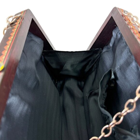 Carved Wooden Box Purse Chain Handles Fabric Lined Vintage Tiki Boho Hippie - Picture 8 of 9